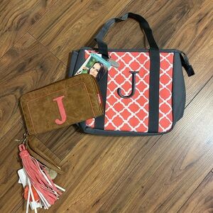 Lunch bag and wallet. Unionbay. Fit & Fresh. Initial J. Pink, gray and leather.